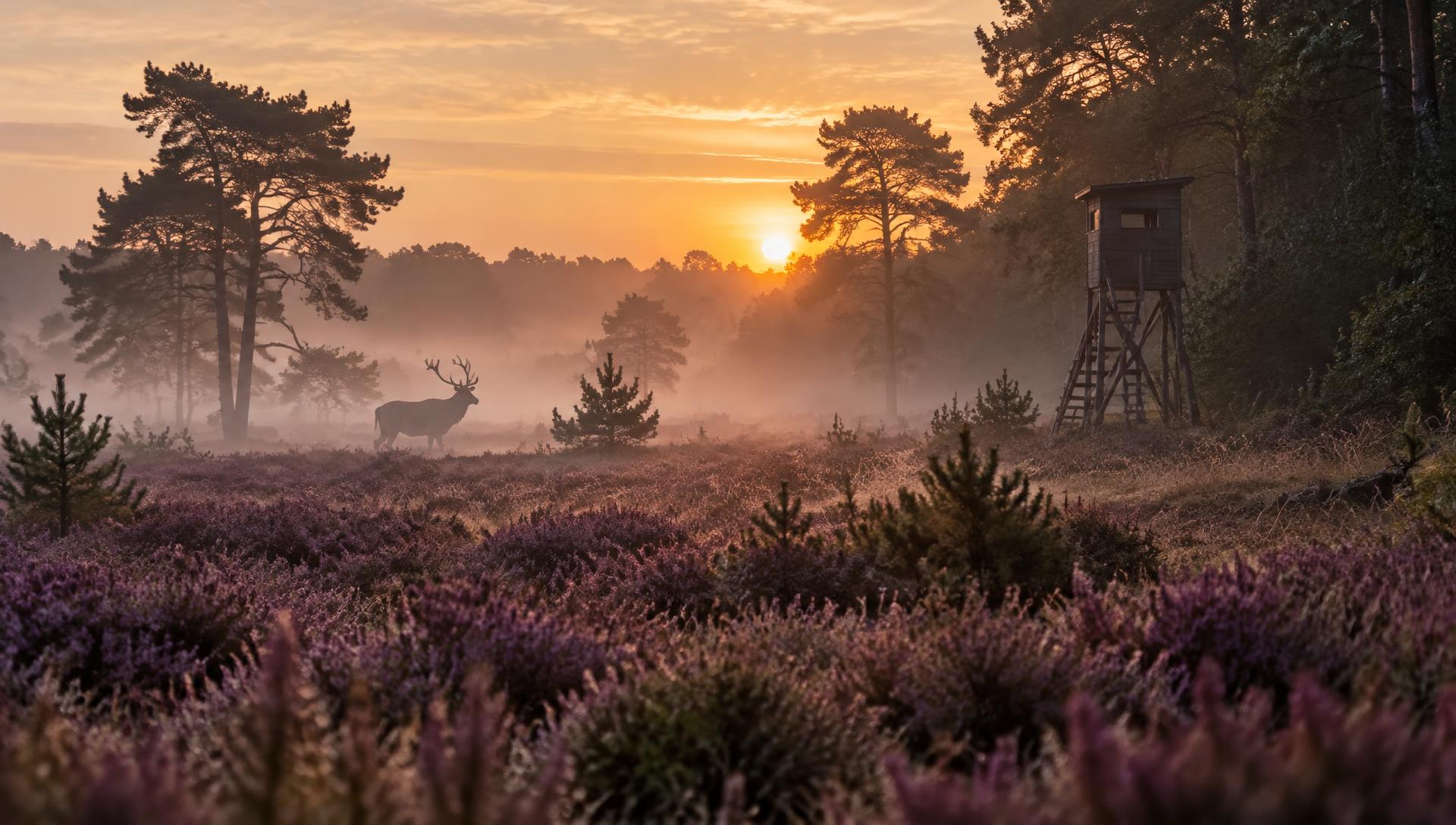 Heide bij zonsopkomst met hoogzit en edelhert